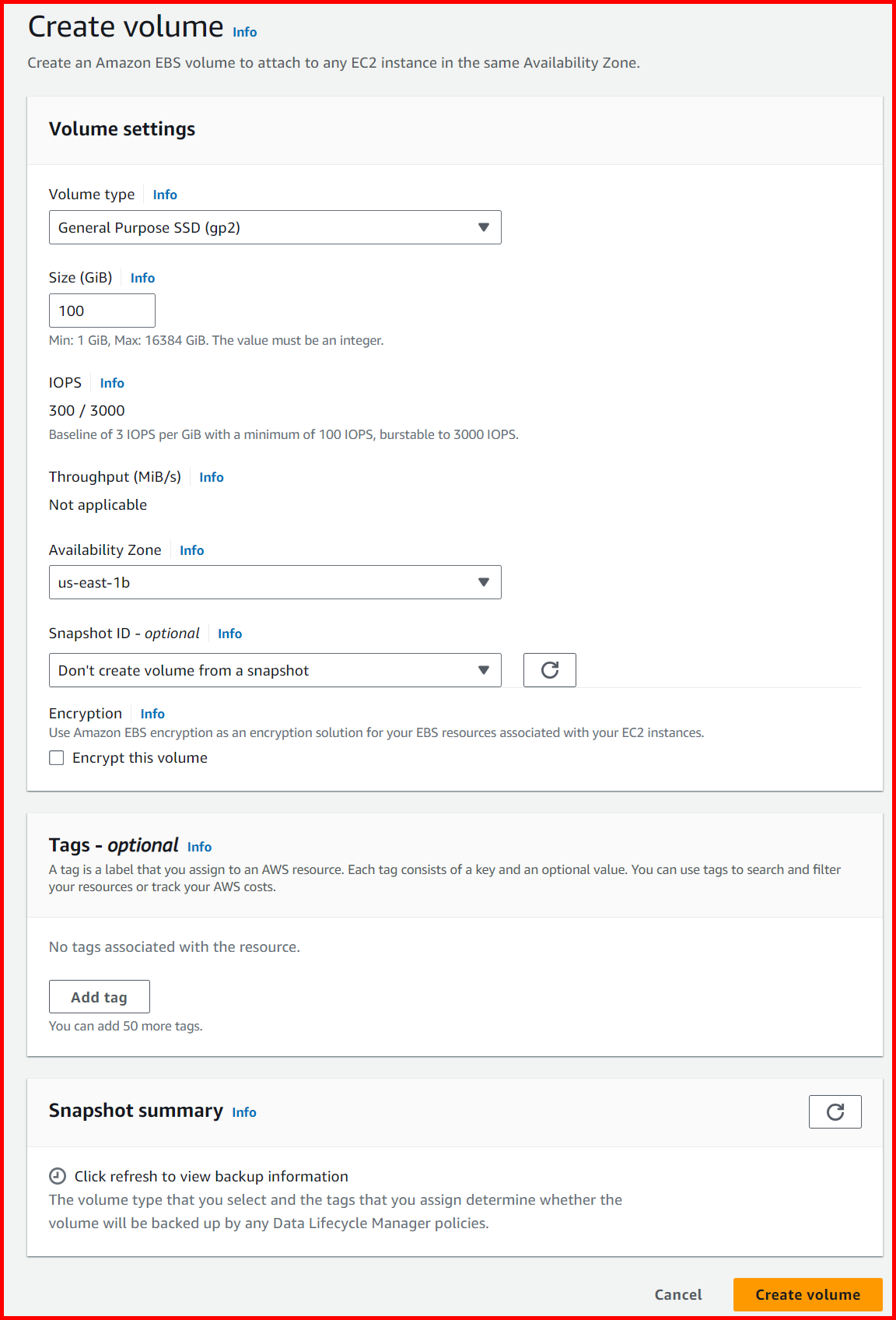 Picture showing the create volume screen in AWS console